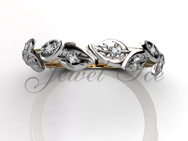Floral Leaf Wedding Band, Diamond Wedding Ring, 14K Yellow Gold Weddin
