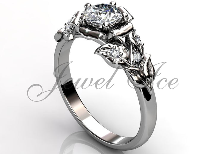 Leaves & Flower Engagement Ring - Platinum Diamond Unusual Unique Leaf and Vine Engagement Ring, Leaf and Flower Wedding Ring