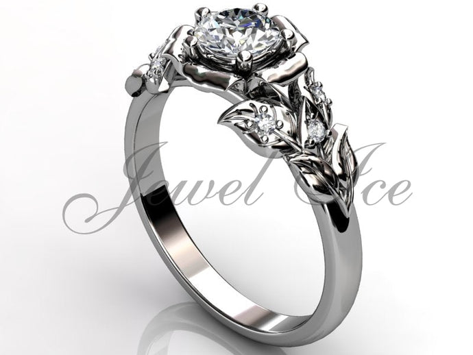 Leaves & Flower Engagement Ring - 14k White Gold Diamond Unique Leaf and Vine Engagement Ring, Leaf and Flower Wedding Ring