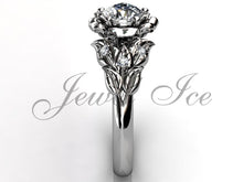 Load image into Gallery viewer, Leaves &amp; Flower Engagement Ring - 14k White Gold Diamond Unique Leaf and Vine Engagement Ring, Leaf and Flower Wedding Ring