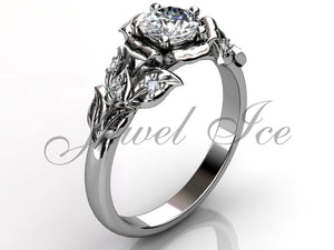 Leaves & Flower Engagement Ring - Platinum Diamond Unusual Unique Leaf and Vine Engagement Ring, Leaf and Flower Wedding Ring