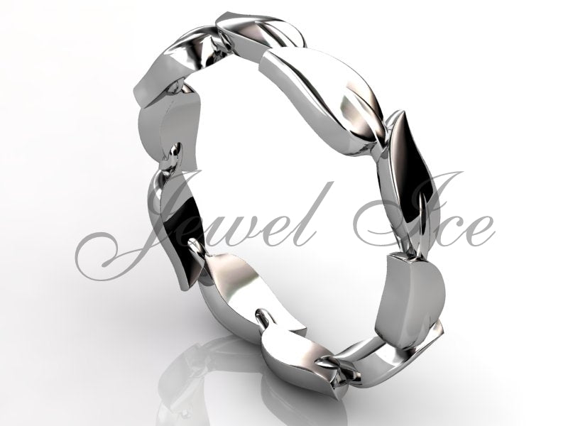 Floral Wedding Band - 14k White Gold Unusual Unique Leaf and Vine Floral Wedding Band