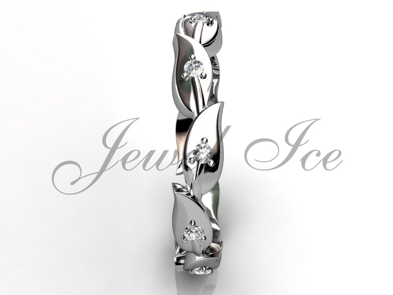 Floral Wedding Band - Platinum Diamond Unusual Unique Leaf and Vine Floral Wedding Band