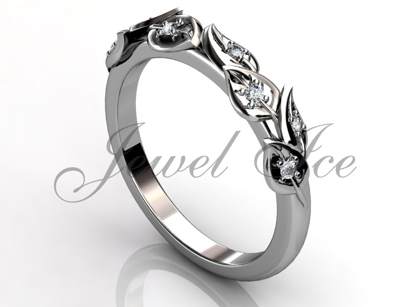 Floral Wedding Band - Platinum Diamond Unusual Unique Leaf and Vine Floral Wedding Band