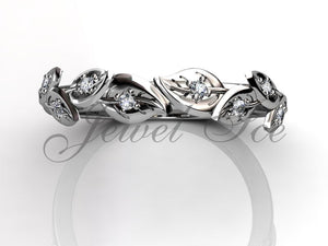 Floral Wedding Band - 14k White Gold Diamond Unusual Unique Leaf and Vine Floral Wedding Band