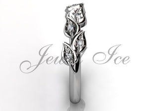 Floral Wedding Band - 14k White Gold Diamond Unusual Unique Leaf and Vine Floral Wedding Band