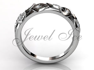 Floral Wedding Band - 14k White Gold Diamond Unusual Unique Leaf and Vine Floral Wedding Band