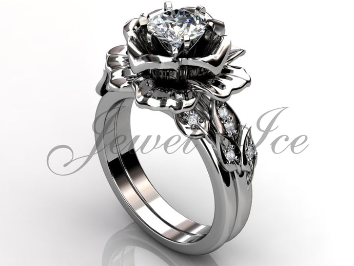 Platinum diamond unusual unique flower engagement ring, bridal ring, wedding ring, flower engagement set ER-1055