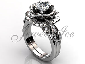 14k White Gold diamond unusual unique flower engagement ring, bridal ring, wedding ring, flower engagement set