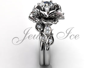 14k White Gold diamond unusual unique flower engagement ring, bridal ring, wedding ring, flower engagement set
