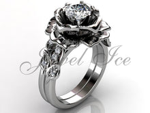 Load image into Gallery viewer, Platinum diamond unusual unique flower engagement ring, bridal ring, wedding ring, flower engagement set ER-1055