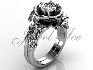 Platinum diamond unusual unique flower engagement ring, bridal ring, wedding ring, flower engagement set ER-1055