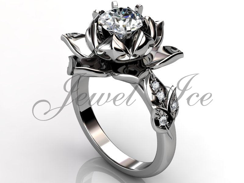 Lotus Flower Engagement Ring - 14k White Gold Diamond Unique Lotus Flower Engagement Ring, Lotus Flower Ring, Lotus Ring