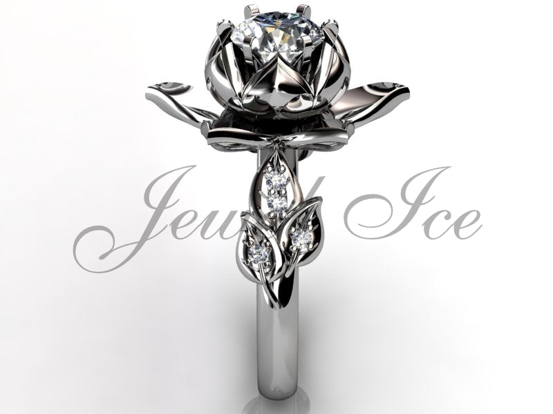 Lotus Flower Engagement Ring - 14k White Gold Diamond Unique Lotus Flower Engagement Ring, Lotus Flower Ring, Lotus Ring