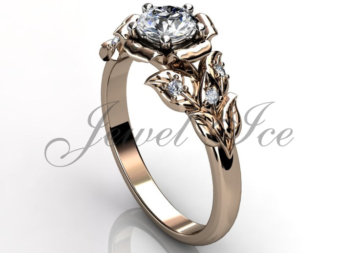Leaves & Flower Engagement Ring - Rose Gold Diamond Unusual Unique Leaf and Flower Engagement Ring, Leaf and Flower Wedding Ring