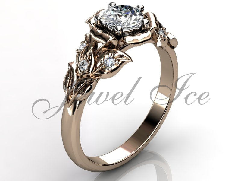 Leaves & Flower Engagement Ring - Rose Gold Diamond Unusual Unique Leaf and Flower Engagement Ring, Leaf and Flower Wedding Ring