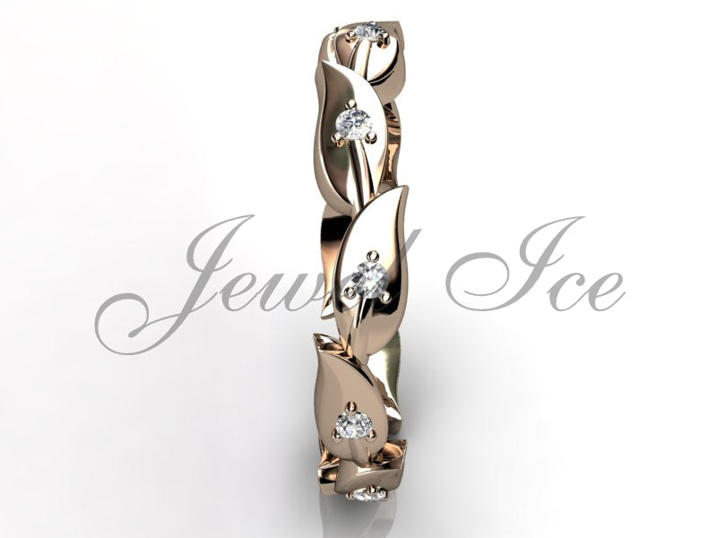 Floral Wedding Band - 14k Rose Gold Diamond Unusual Unique Leaf and Vine Floral Wedding Band