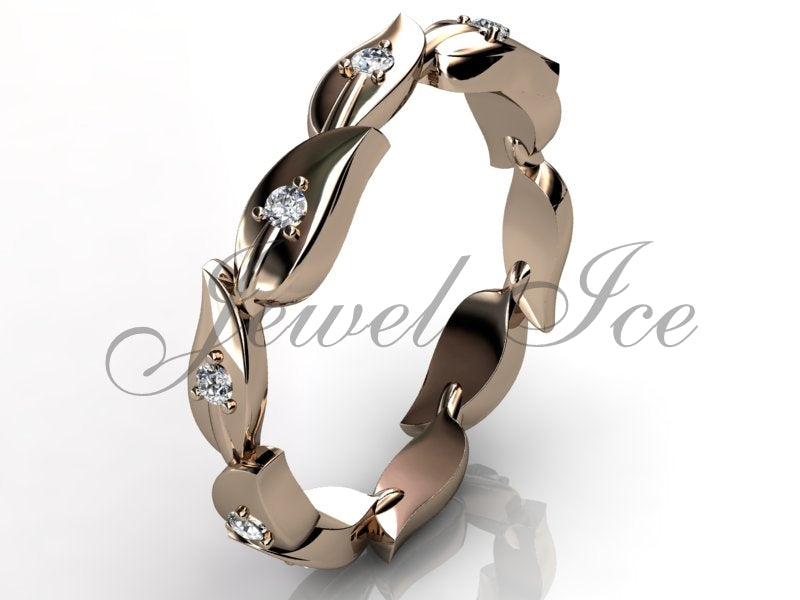 Floral Wedding Band - 14k Rose Gold Diamond Unusual Unique Leaf and Vine Floral Wedding Band