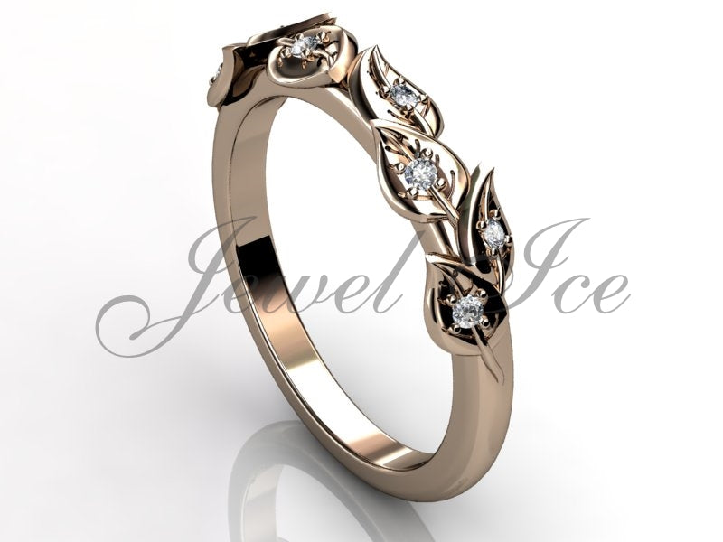 Floral Wedding Band - 14k Rose Gold Diamond Unusual Unique Leaf and Vine Floral Wedding Band