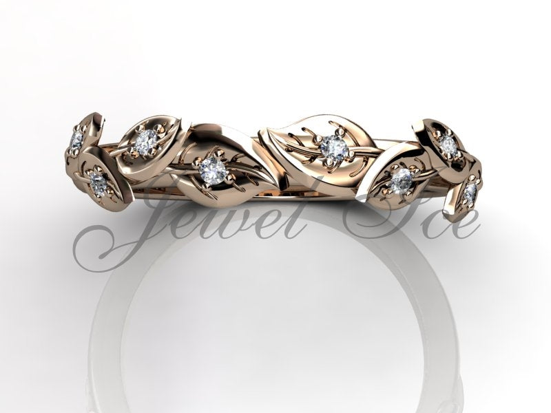 Floral Wedding Band - 14k Rose Gold Diamond Unusual Unique Leaf and Vine Floral Wedding Band