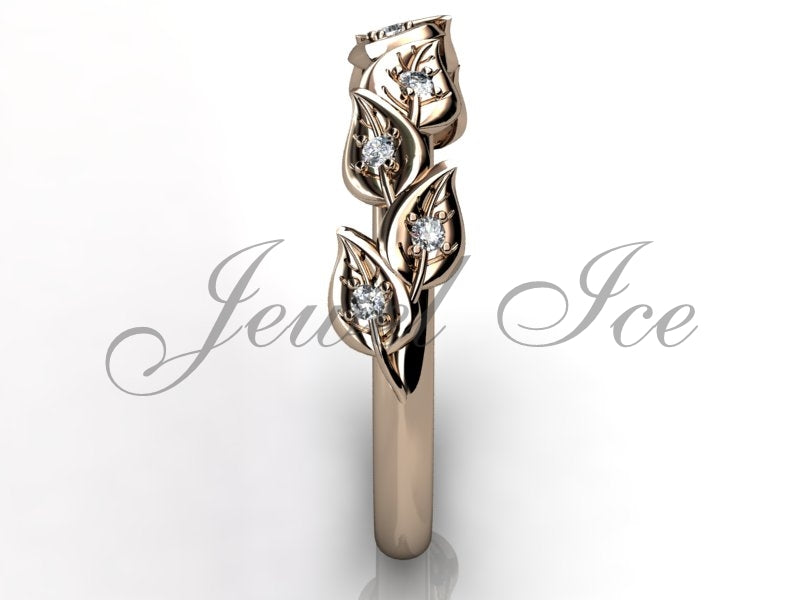 Floral Wedding Band - 14k Rose Gold Diamond Unusual Unique Leaf and Vine Floral Wedding Band