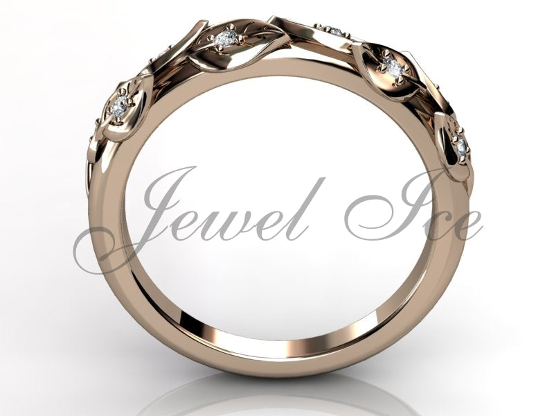 Floral Wedding Band - 14k Rose Gold Diamond Unusual Unique Leaf and Vine Floral Wedding Band