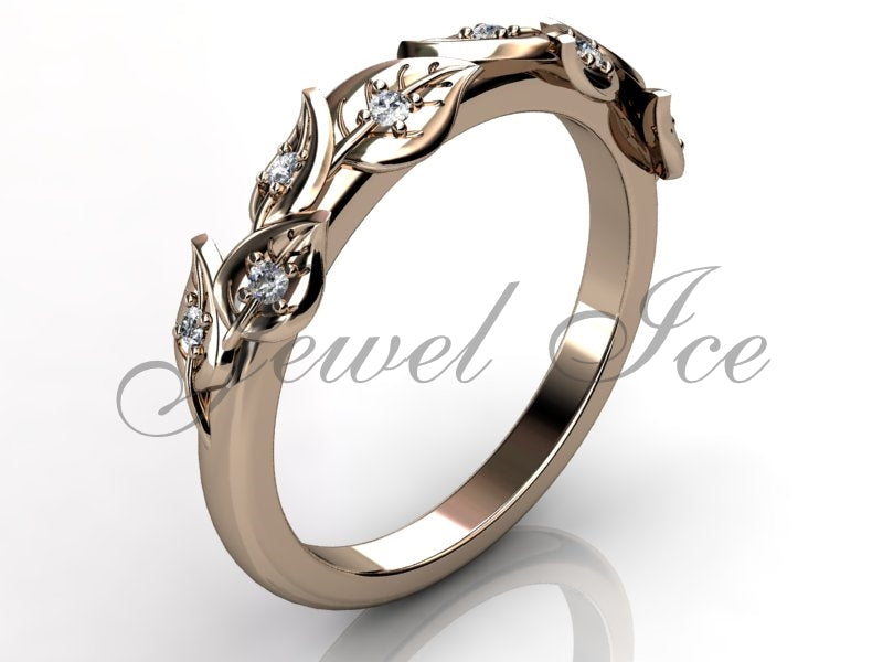 Floral Wedding Band - 14k Rose Gold Diamond Unusual Unique Leaf and Vine Floral Wedding Band