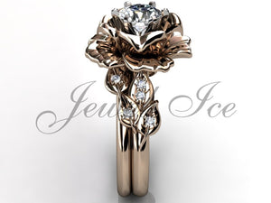 14k Rose Gold Diamond Unusual Unique Flower Engagement Ring, Flower Wedding Ring, Flower Wedding Band Engagement Ring Set