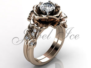 14k Rose Gold Diamond Unusual Unique Flower Engagement Ring, Flower Wedding Ring, Flower Wedding Band Engagement Ring Set