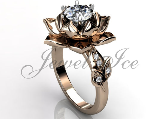 Lotus Flower Engagement Ring - 14k Rose Gold Diamond Unique Lotus Flower Engagement Ring, Lotus Flower Ring, Lotus Ring