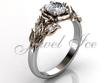 Load image into Gallery viewer, Leaves &amp; Flower Engagement Ring - White and Rose Gold Diamond Unique Leaf and Flower Engagement Ring, Leaf and Flower Wedding Ring