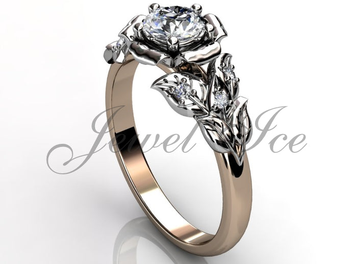 Leaves & Flower Engagement Ring - Rose and White Gold Diamond Unique Leaf and Vine Engagement Ring, Leaf and Flower Wedding Ring
