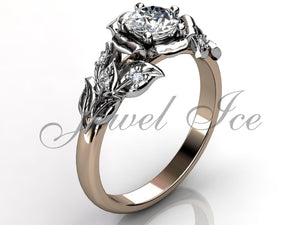Leaves & Flower Engagement Ring - Rose and White Gold Diamond Unique Leaf and Vine Engagement Ring, Leaf and Flower Wedding Ring