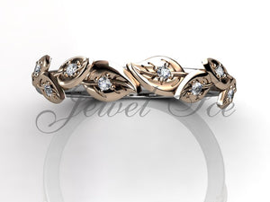 Floral Wedding Band - 14k White and Rose Gold Diamond Unusual Unique Leaf and Vine Floral Wedding Band