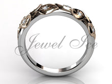 Load image into Gallery viewer, Floral Wedding Band - 14k White and Rose Gold Diamond Unusual Unique Leaf and Vine Floral Wedding Band