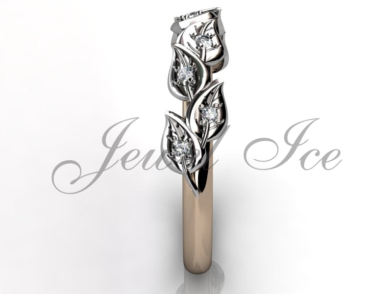 Floral Wedding Band - 14k Rose and White Gold Diamond Unusual Unique Leaf and Vine Floral Wedding Band