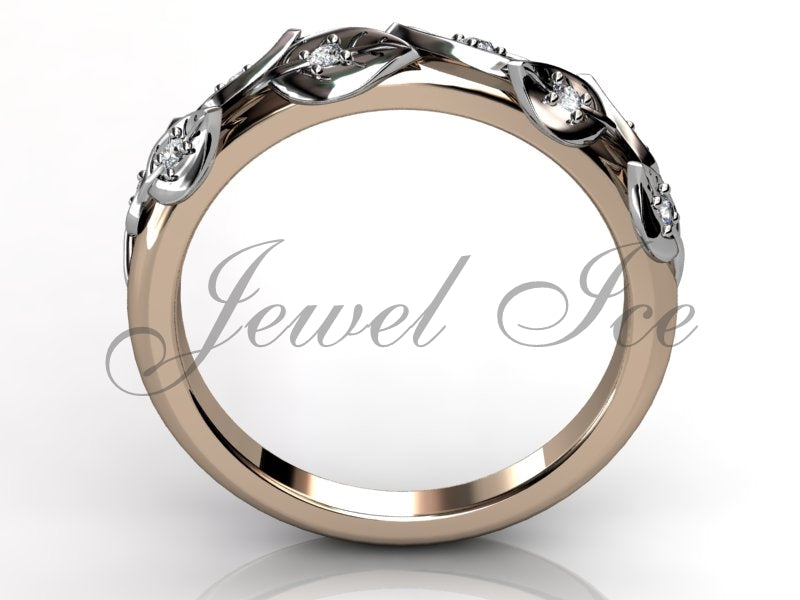 Floral Wedding Band - 14k Rose and White Gold Diamond Unusual Unique Leaf and Vine Floral Wedding Band