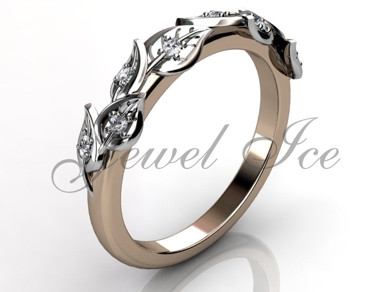 Floral Wedding Band - 14k Rose and White Gold Diamond Unusual Unique Leaf and Vine Floral Wedding Band