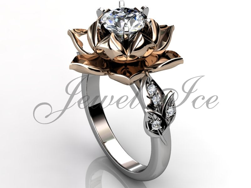 Lotus Flower Engagement Ring - 14k White and Rose Gold Diamond Unique Lotus Flower Engagement Ring, Simple Engagement Ring