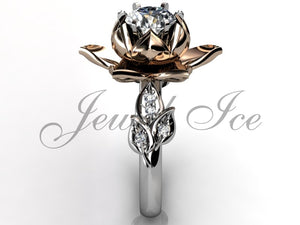 Lotus Flower Engagement Ring - 14k White and Rose Gold Diamond Unique Lotus Flower Engagement Ring, Simple Engagement Ring