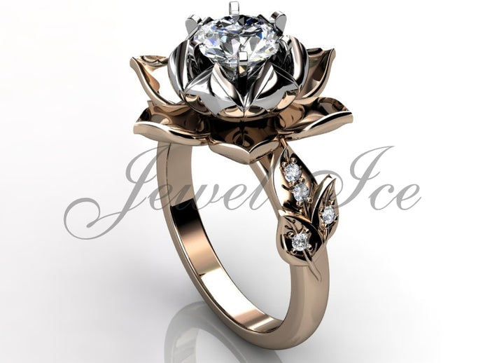 Lotus Flower Engagement Ring - 14k Rose and White Gold Diamond Lotus Flower Engagement Ring, Lotus Flower Ring, Lotus Ring