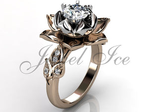 Lotus Flower Engagement Ring - 14k Yellow & White Gold Diamond Unique Lotus Flower Engagement Ring, Lotus Flower Wedding Ring