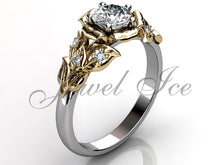 Load image into Gallery viewer, Leaves &amp; Flower Engagement Ring - White and Yellow Gold Diamond Unique Leaf and Flower Engagement Ring, Leaf Flower Wedding Ring