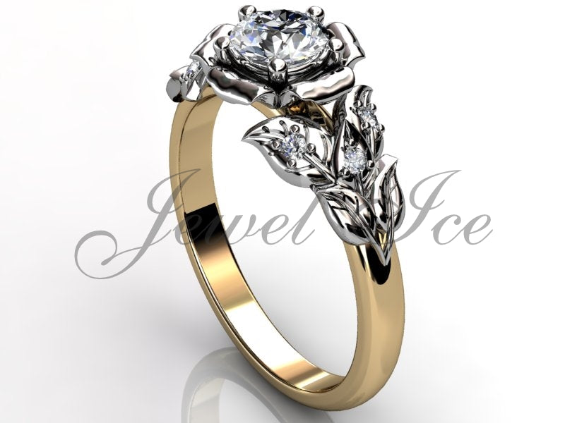 Leaves & Flower Engagement Ring - 14k Yellow and White Gold Diamond Unique Leaf and Vine Engagement Ring, Leaf and Flower Wedding Ring