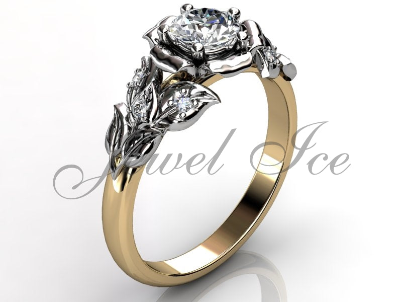 Leaves & Flower Engagement Ring - 14k Yellow and White Gold Diamond Unique Leaf and Vine Engagement Ring, Leaf and Flower Wedding Ring