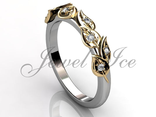 Floral Wedding Band - 14k White and Yellow Gold Diamond Unusual Unique Leaf and Vine Floral Wedding Band