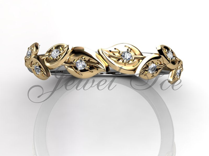 Floral Wedding Band - 14k White and Yellow Gold Diamond Unusual Unique Leaf and Vine Floral Wedding Band