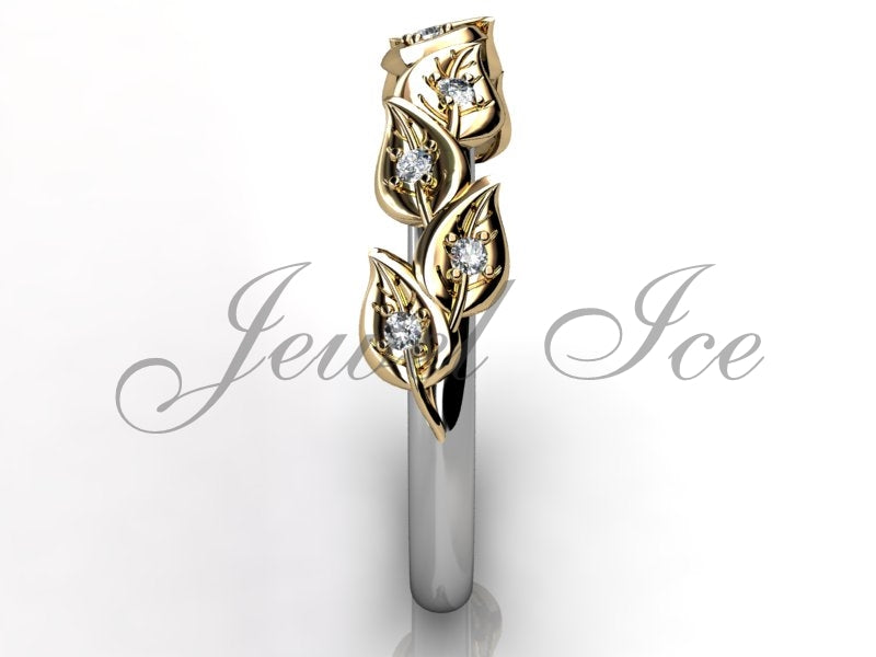 Floral Wedding Band - 14k White and Yellow Gold Diamond Unusual Unique Leaf and Vine Floral Wedding Band