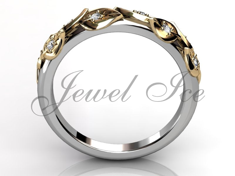 Floral Wedding Band - 14k White and Yellow Gold Diamond Unusual Unique Leaf and Vine Floral Wedding Band