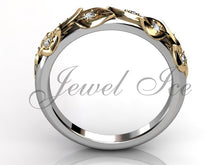 Load image into Gallery viewer, Floral Wedding Band - 14k White and Yellow Gold Diamond Unusual Unique Leaf and Vine Floral Wedding Band